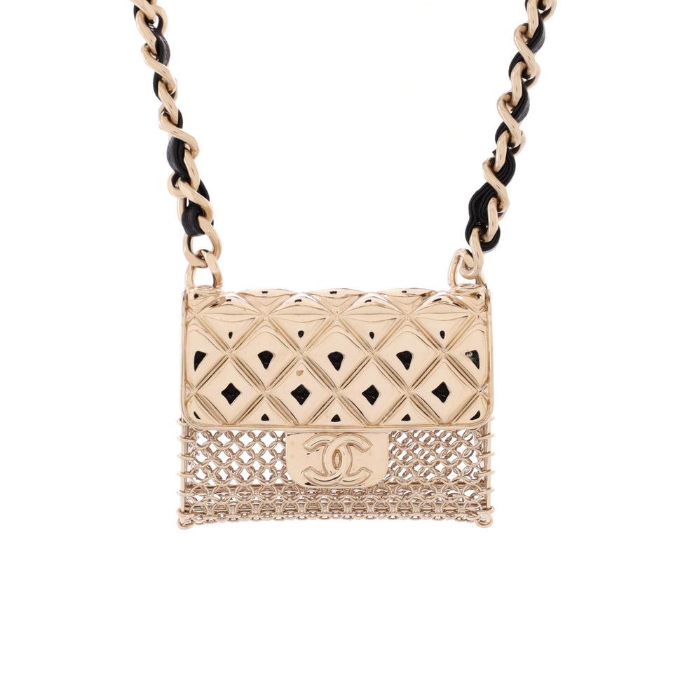 Flap Bag Chain Pendant Necklace Quilted Metal with Lambskin