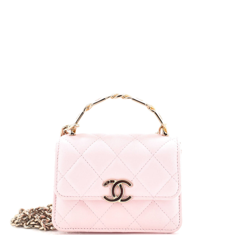 Coco Enamel Top Handle Flap Clutch with Chain Quilted Lambskin