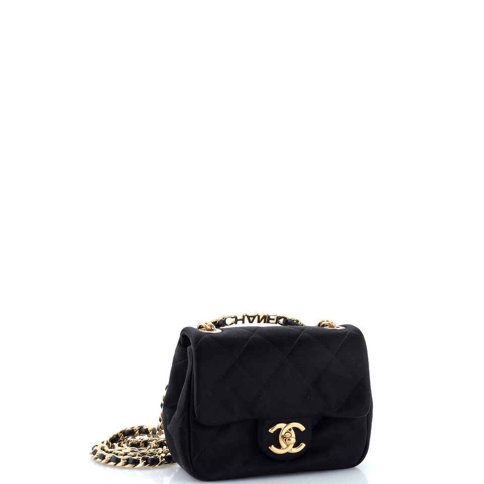 Oval Logo Chain Handle Flap Bag Quilted Satin with Crystals Mini
