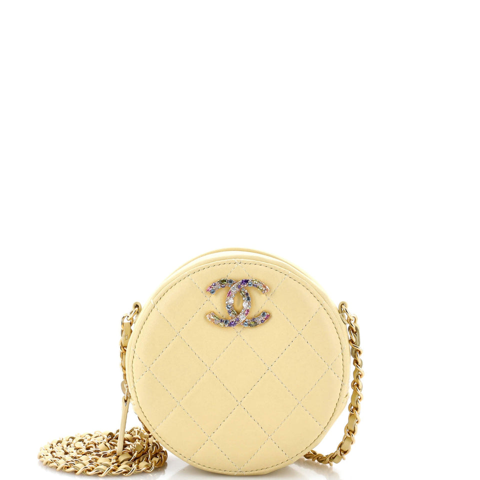 Crystal CC Round Clutch with Chain Quilted Lambskin