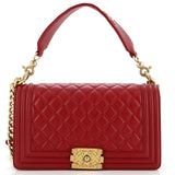 Logo Top Handle Boy Flap Bag Quilted Calfskin Old Medium