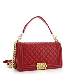 Logo Top Handle Boy Flap Bag Quilted Calfskin Old Medium