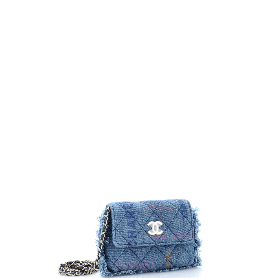 Denim Mood Flap Clutch with Chain Logo Printed Quilted Fringe Denim