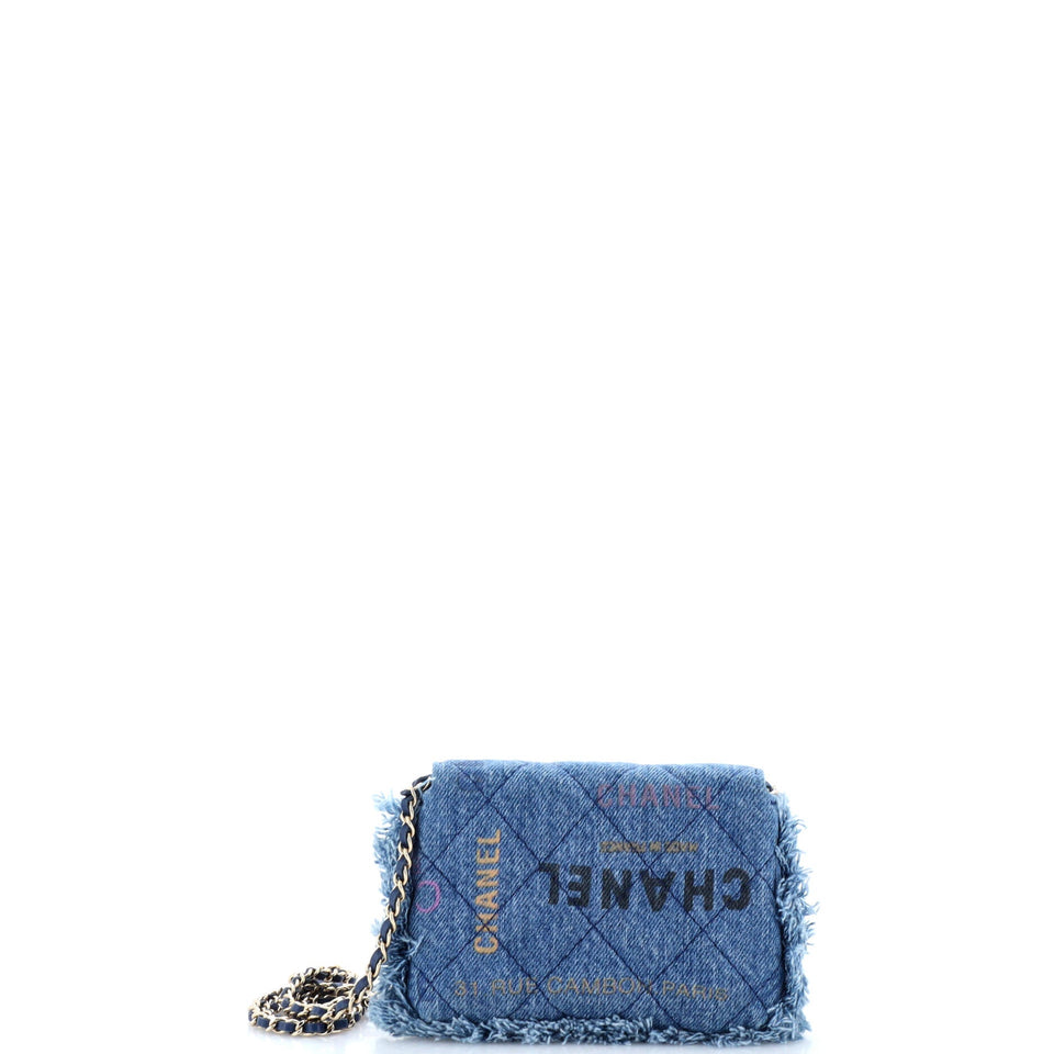 Denim Mood Flap Clutch with Chain Logo Printed Quilted Fringe Denim