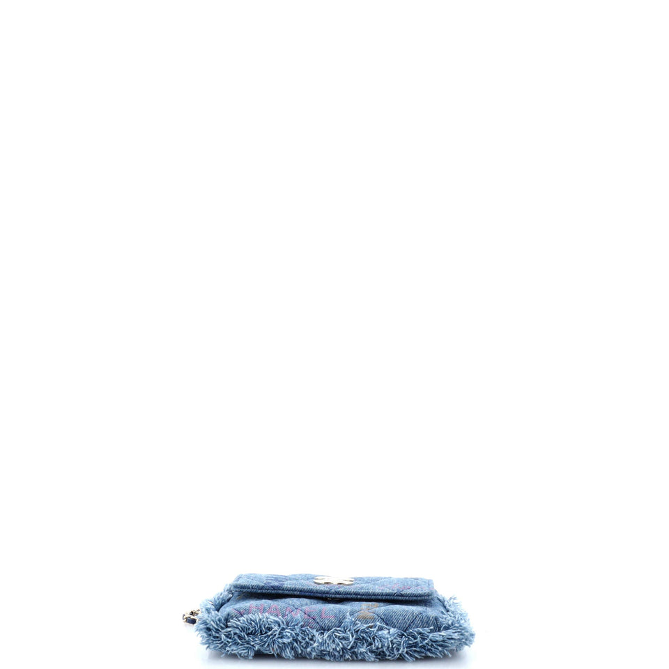 Denim Mood Flap Clutch with Chain Logo Printed Quilted Fringe Denim