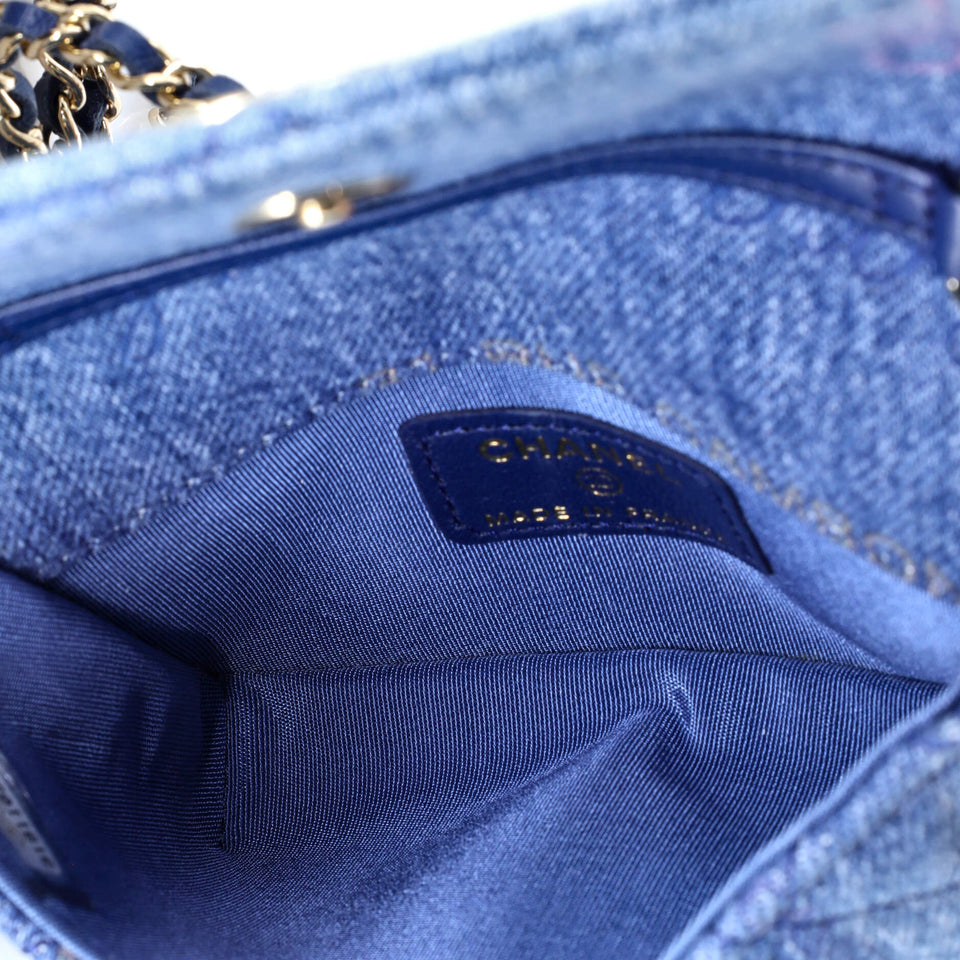 Denim Mood Flap Clutch with Chain Logo Printed Quilted Fringe Denim