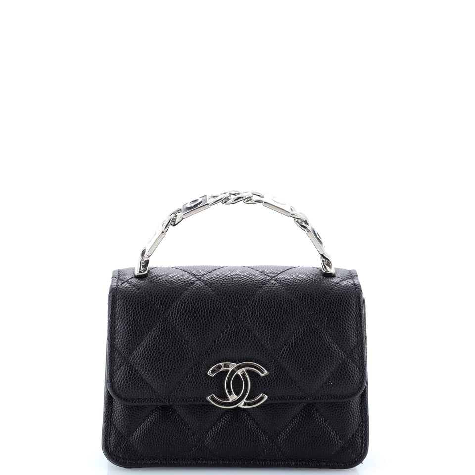 Coco Enamel Top Handle Flap Clutch with Chain Quilted Caviar