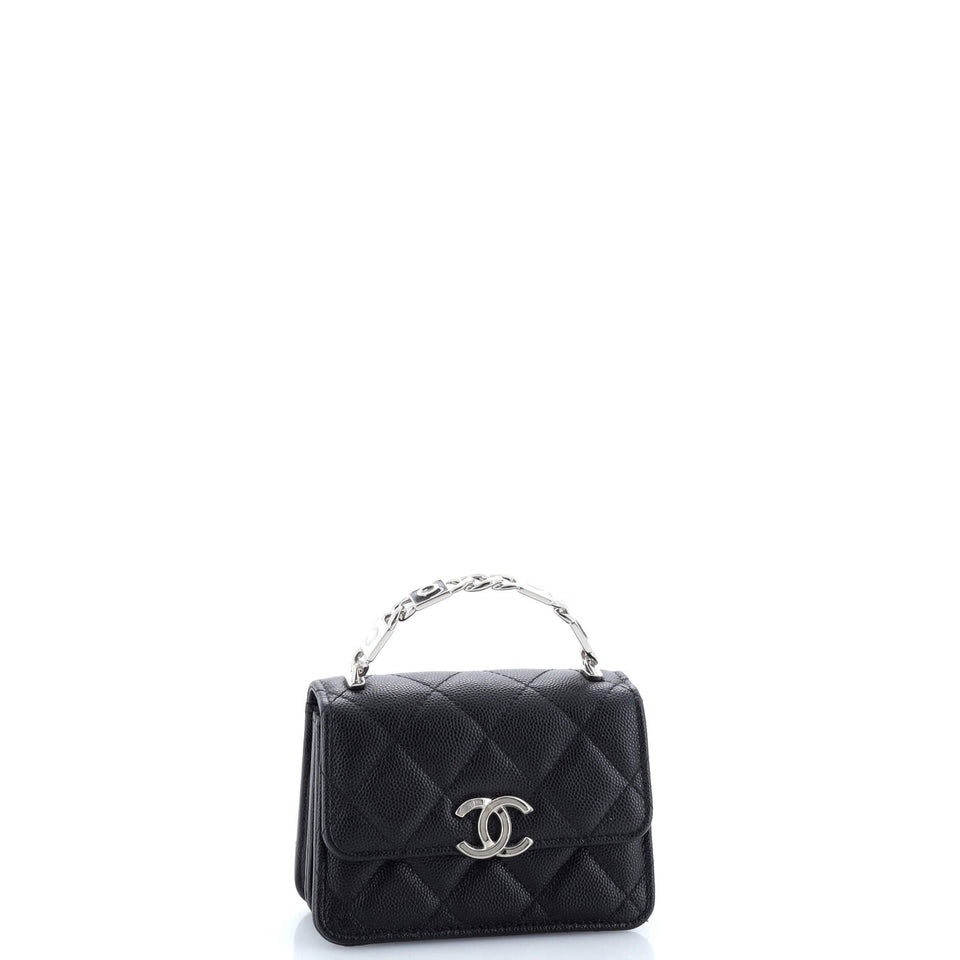 Coco Enamel Top Handle Flap Clutch with Chain Quilted Caviar