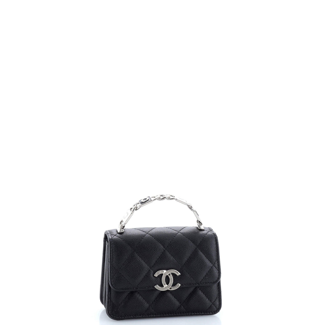 Coco Enamel Top Handle Flap Clutch with Chain Quilted Caviar