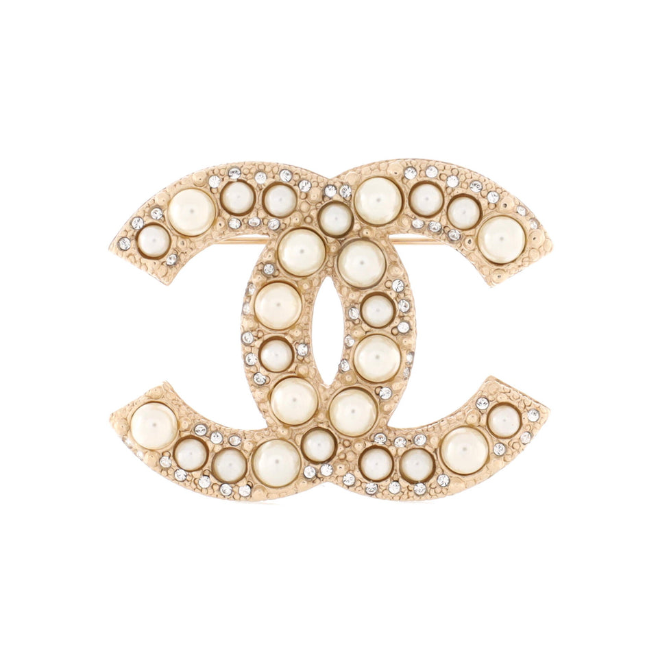 CC Brooch Metal with Crystals and Faux Pearls