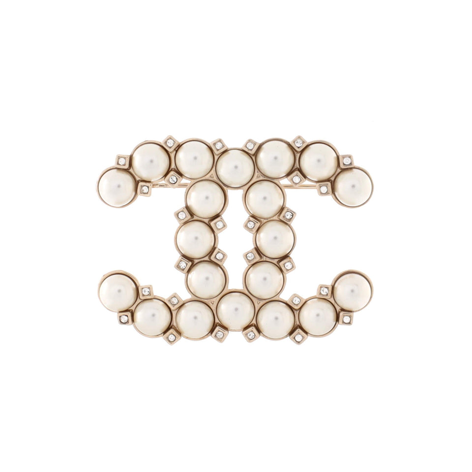 CC Brooch Metal with Crystals and Faux Pearls