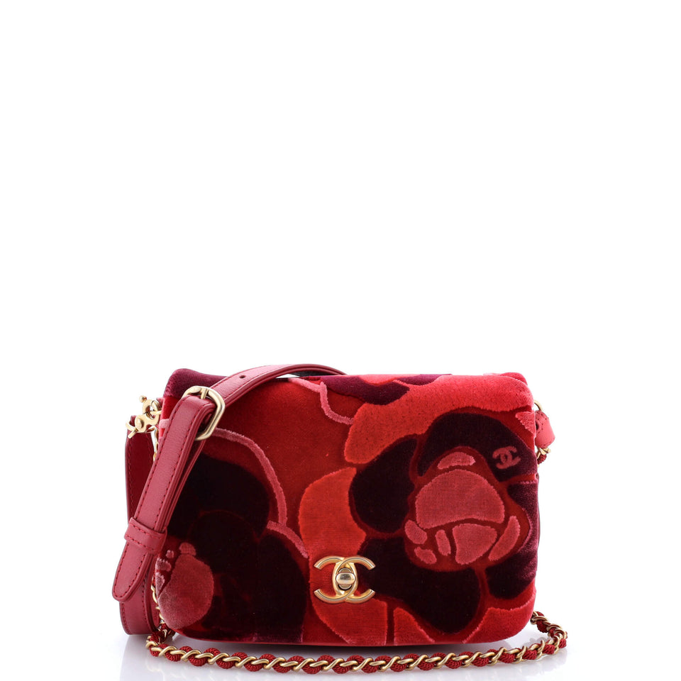 Camellia Compartment Flap Bag Velvet with Leather Small