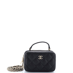 CC Zip Around Top Handle Vanity Case with Chain Quilted Caviar Mini