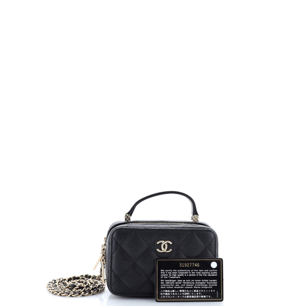 CC Zip Around Top Handle Vanity Case with Chain Quilted Caviar Mini