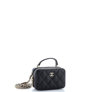 CC Zip Around Top Handle Vanity Case with Chain Quilted Caviar Mini