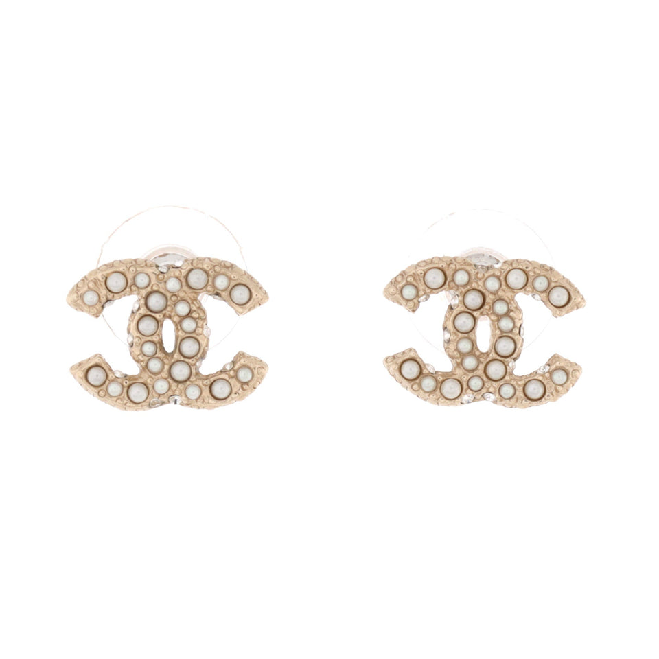 CC Stud Earrings Metal with Faux Pearls and Crystals