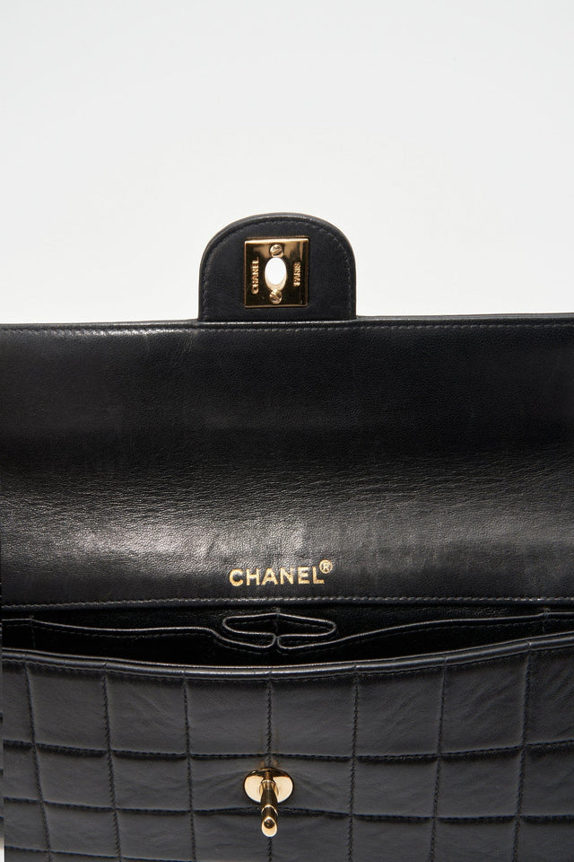 Chanel Black leather Chocolate Bar Flap Bag With 24K Gold Plated Hardware