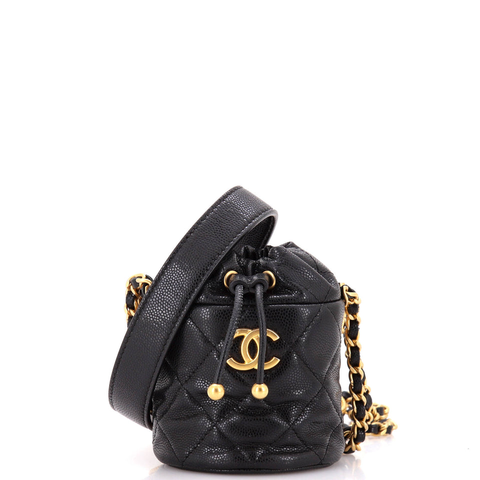 Twist Your Buttons Drawstring Bucket Bag Quilted Caviar Mini