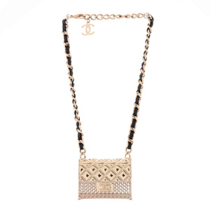 Flap Bag Chain Pendant Necklace Quilted Metal with Lambskin