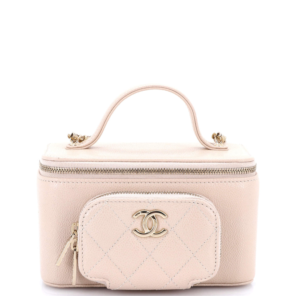 Business Affinity Top Handle Vanity Case with Chain Quilted Caviar Small