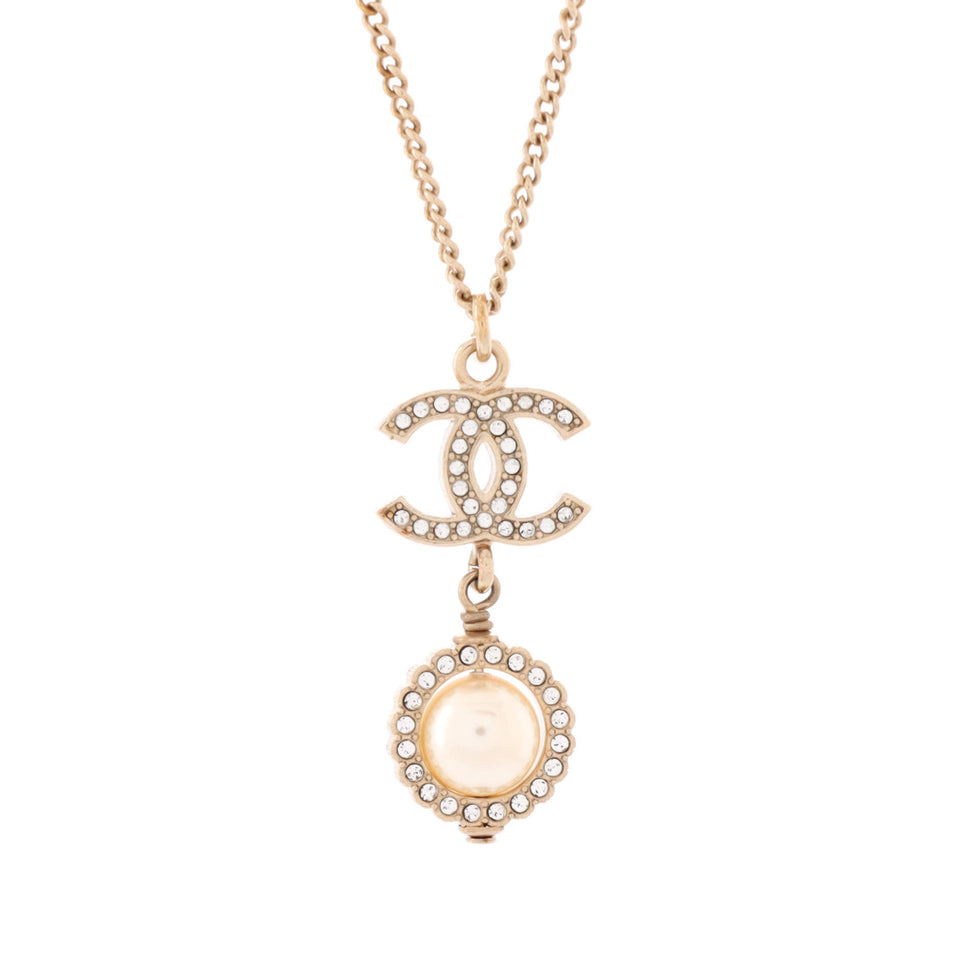 CC Drop Pendant Necklace Metal with Crystals and Faux Pearl