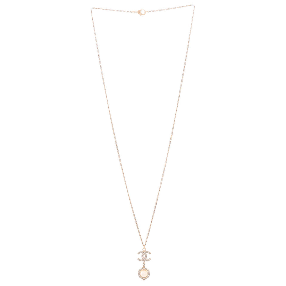 CC Drop Pendant Necklace Metal with Crystals and Faux Pearl