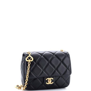 CC Pearl Resin Heart Charms Chain Square Flap Bag Quilted Lambskin Mini
