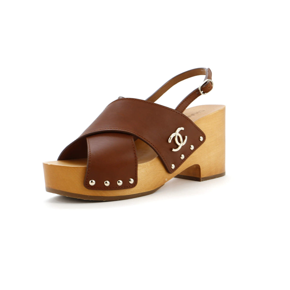 Women's CC Slingback Platform Wedge Sandals Leather and Wood