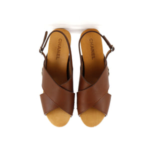 Women's CC Slingback Platform Wedge Sandals Leather and Wood