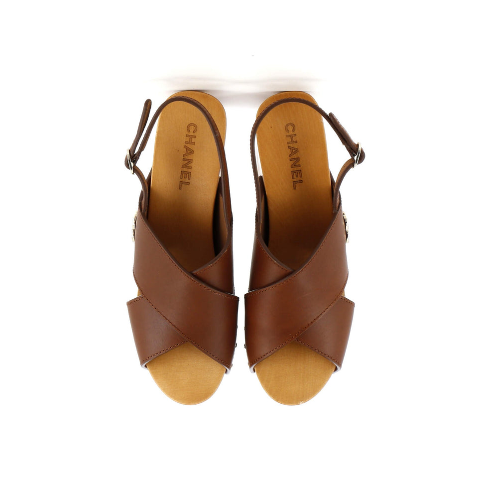 Women's CC Slingback Platform Wedge Sandals Leather and Wood