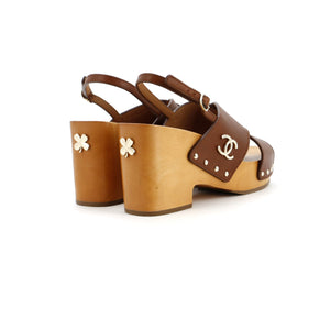 Women's CC Slingback Platform Wedge Sandals Leather and Wood