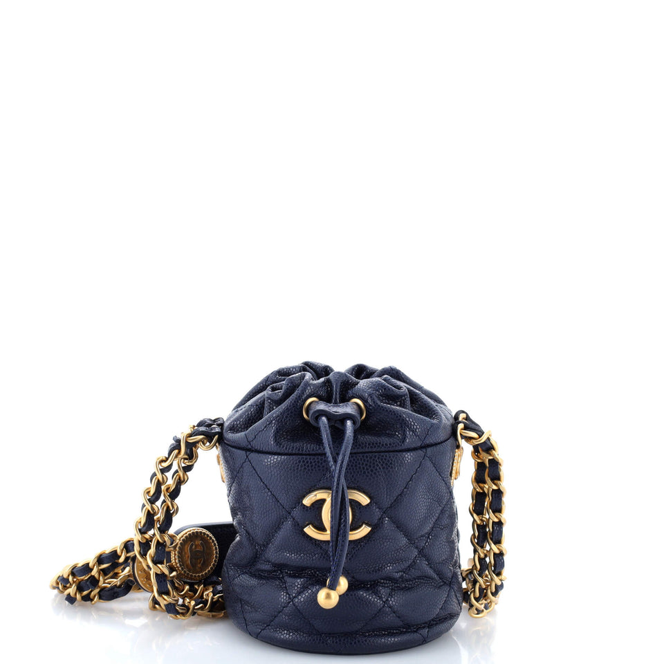 Twist Your Buttons Drawstring Bucket Bag Quilted Caviar Mini