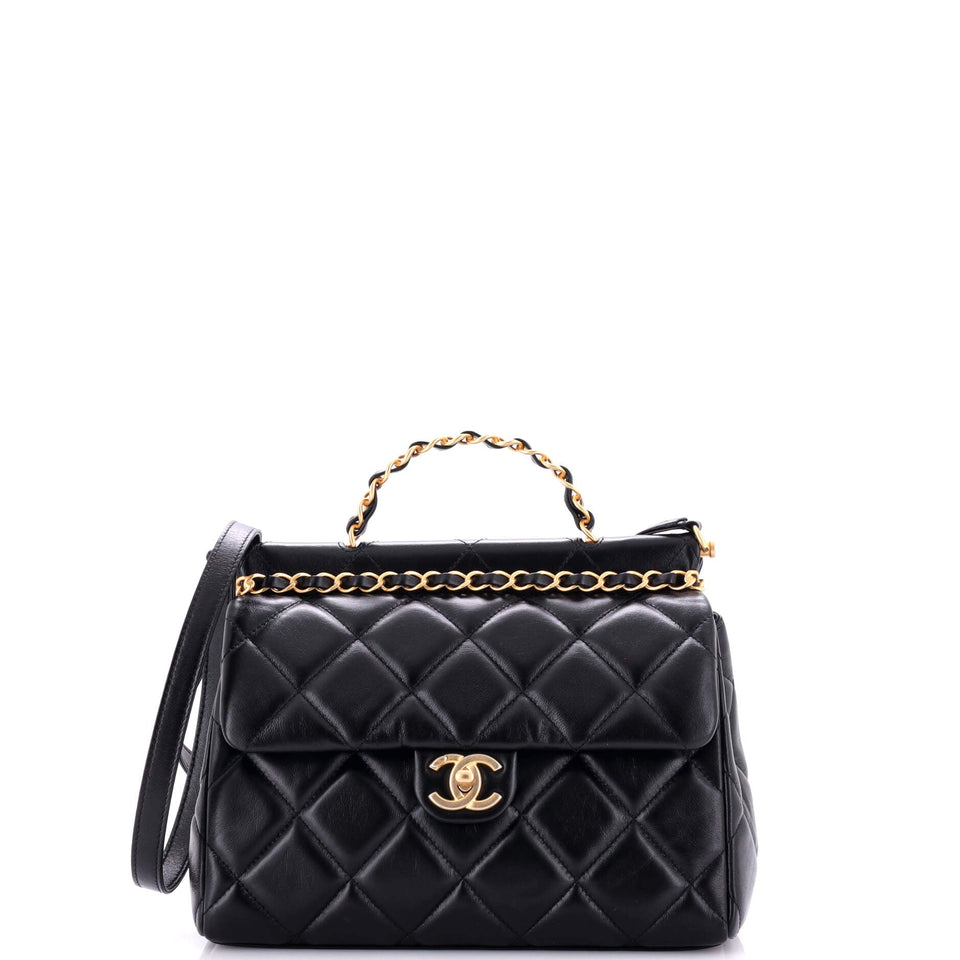CC Bar Chain Top Handle Convertible Flap Bag Quilted Lambskin Small