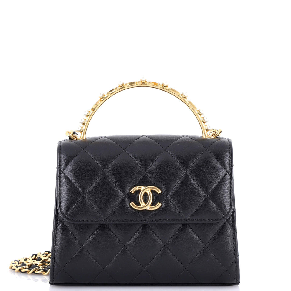 Logo and Pearl Top Handle Clutch with Chain Quilted Lambskin Small