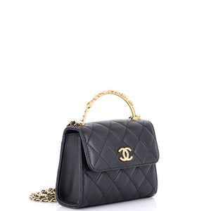 Logo and Pearl Top Handle Clutch with Chain Quilted Lambskin Small