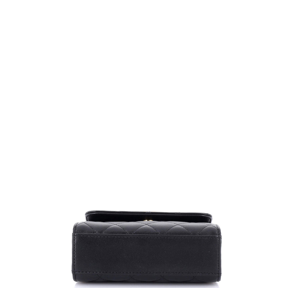 Logo and Pearl Top Handle Clutch with Chain Quilted Lambskin Small