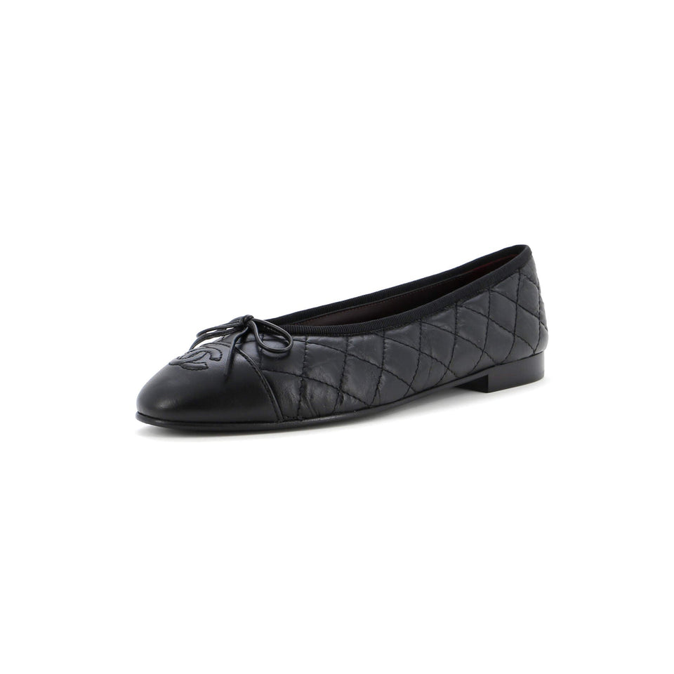 Women's CC Cap Toe Bow Ballerina Flats Quilted Leather
