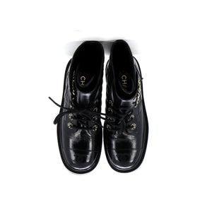 Women's Chain CC Cap Toe Lace Up Combat Boots Quilted Shiny Calfskin