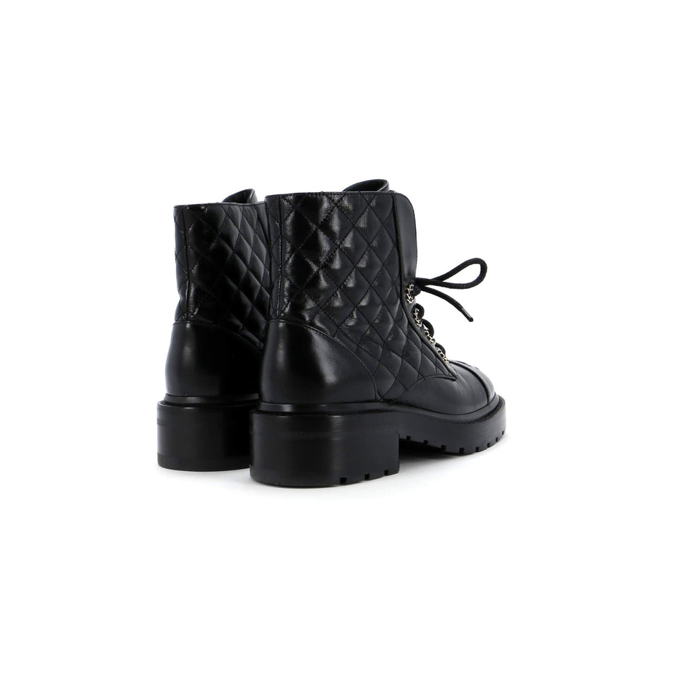 Women's Chain CC Cap Toe Lace Up Combat Boots Quilted Shiny Calfskin