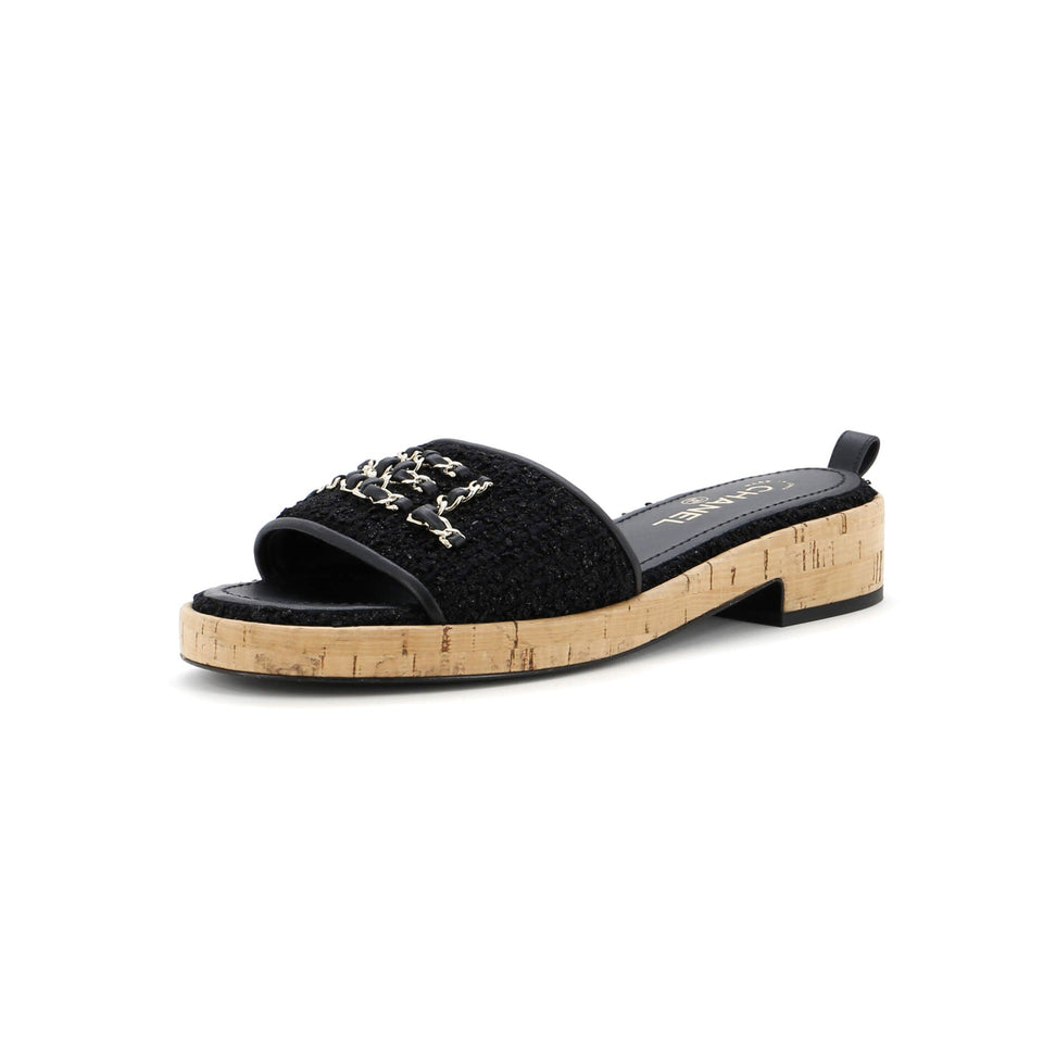Women's Chain CHA-NEL Mule Sandals Tweed and Cork