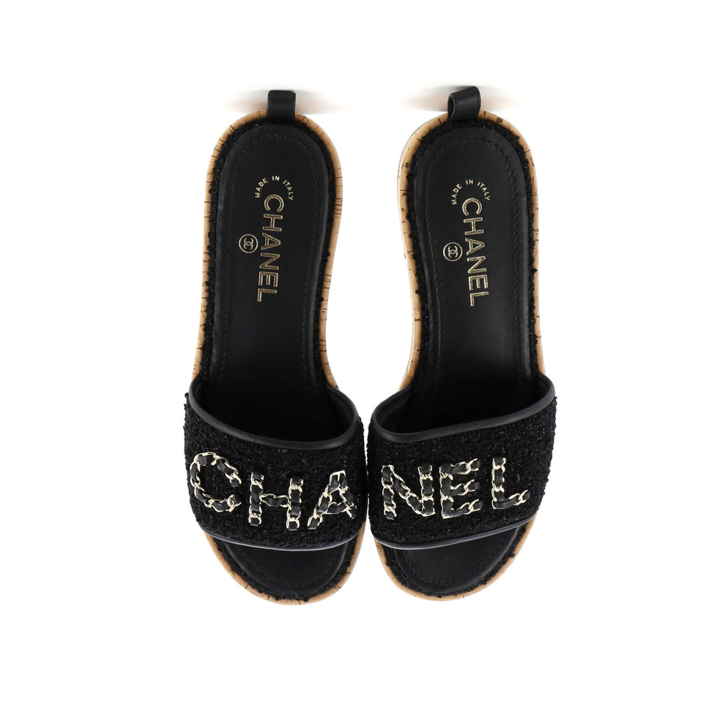 Women's Chain CHA-NEL Mule Sandals Tweed and Cork