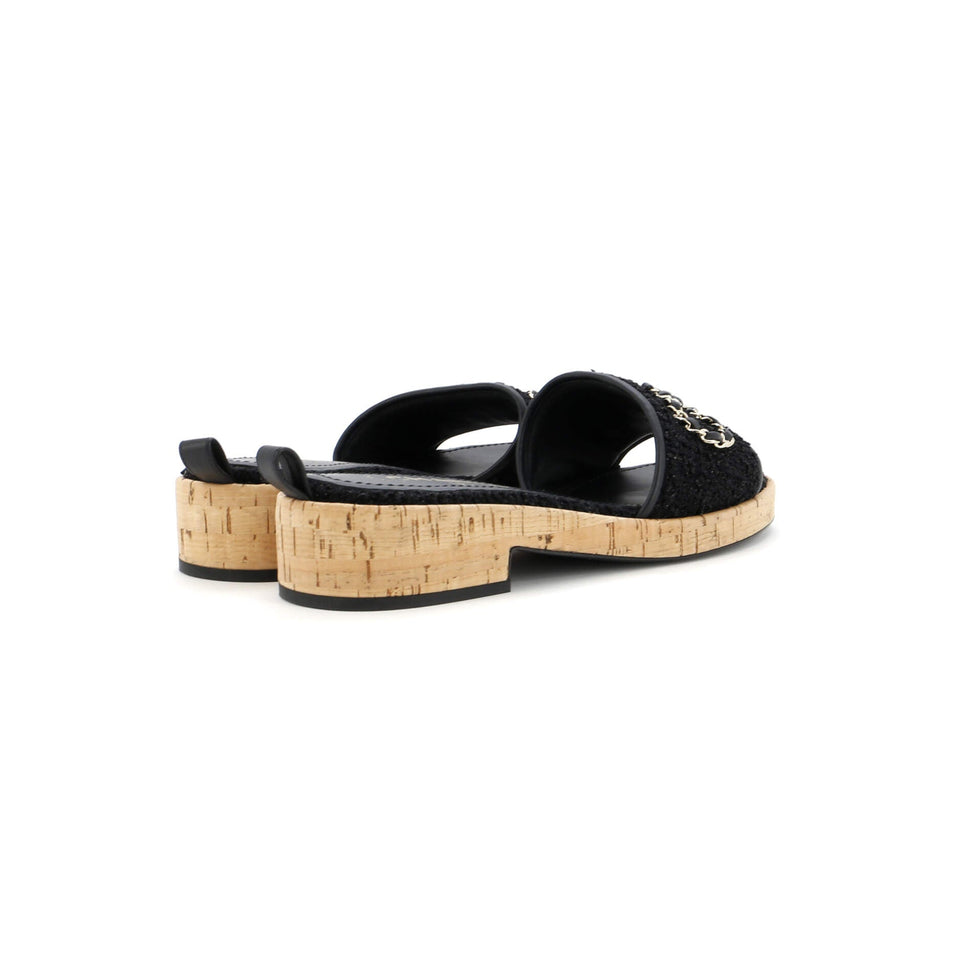 Women's Chain CHA-NEL Mule Sandals Tweed and Cork