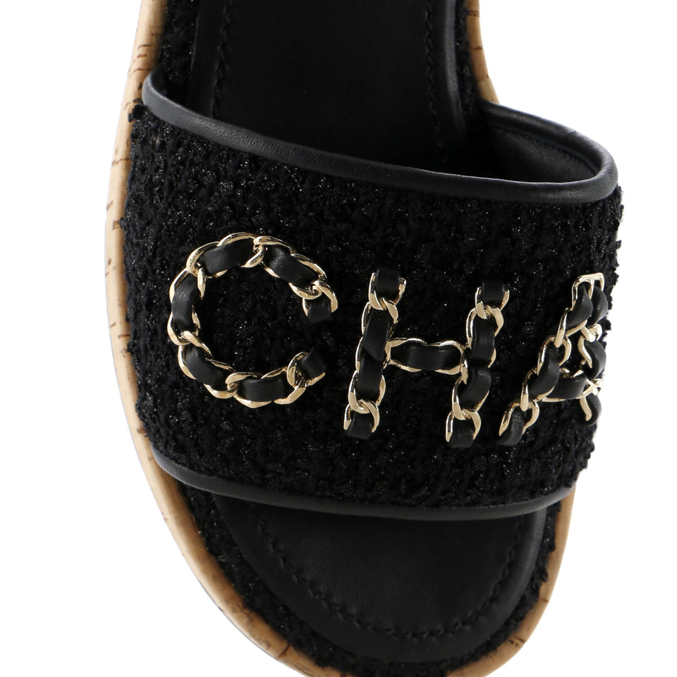 Women's Chain CHA-NEL Mule Sandals Tweed and Cork