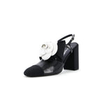 Women's Cap Toe Camellia Bow Slingback Pumps Crumpled Shiny Fabric with Grosgrain