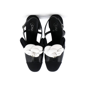 Women's Cap Toe Camellia Bow Slingback Pumps Crumpled Shiny Fabric with Grosgrain