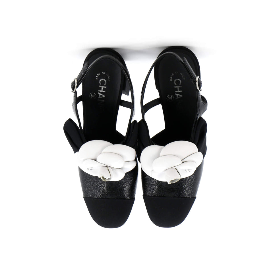 Women's Cap Toe Camellia Bow Slingback Pumps Crumpled Shiny Fabric with Grosgrain