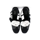 Women's Cap Toe Camellia Bow Slingback Pumps Crumpled Shiny Fabric with Grosgrain