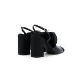 Women's Cap Toe Camellia Bow Slingback Pumps Crumpled Shiny Fabric with Grosgrain