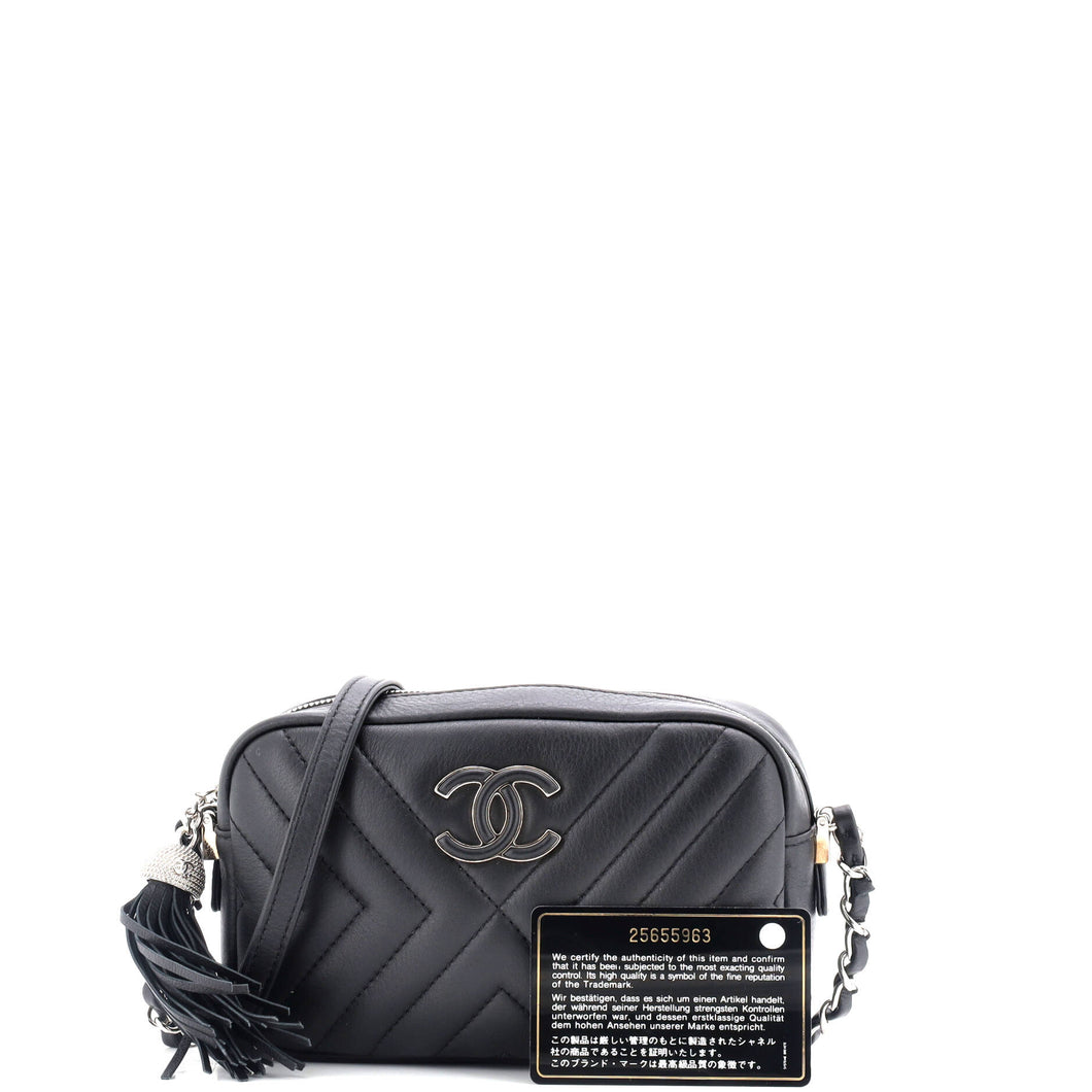 CC Tassel Camera Bag Diagonal Chevron Calfskin Mini