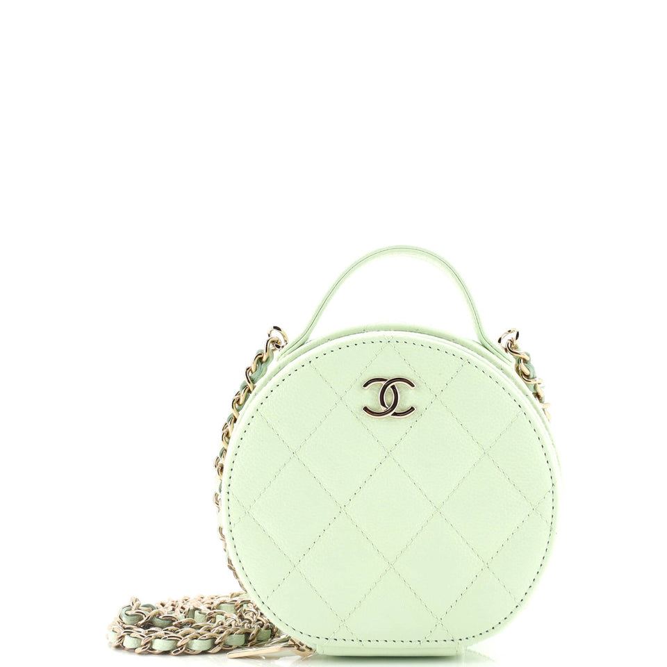 Handle with Care Round Vanity Case with Chain Quilted Caviar Small